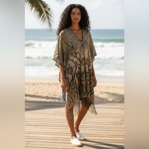 Vintage Kimono Style Beach Wrap Duster w Fringe $ Sparkle